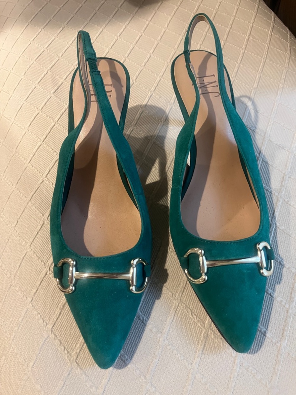 INC International Concepts Green Suede Slingback Pumps with Gold Horsebit - Picture 2 of 4